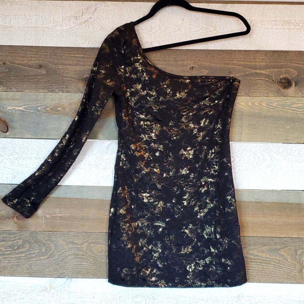 One Sleeve Black & Gold Mini Dress